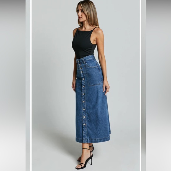 Showpo Alisa Midi Skirt- Ultra High-waisted Dark Blue Denim - Picture 2 of 9